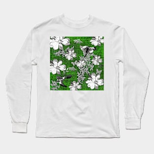 Birds and Magnolias Toile Green Pattern Long Sleeve T-Shirt